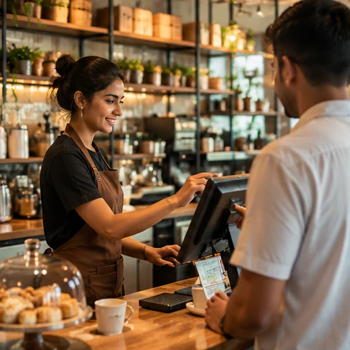 Café barista assisting a customer at the counter (illustrative photography)