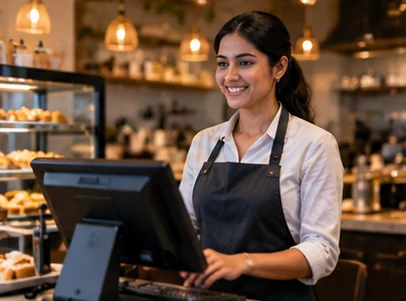 Café employee operating a point-of-sale terminal (illustrative photography)