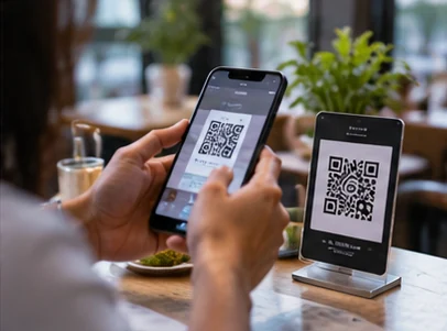 Customer scanning a restaurant QR code with a smartphone (illustrative photography)